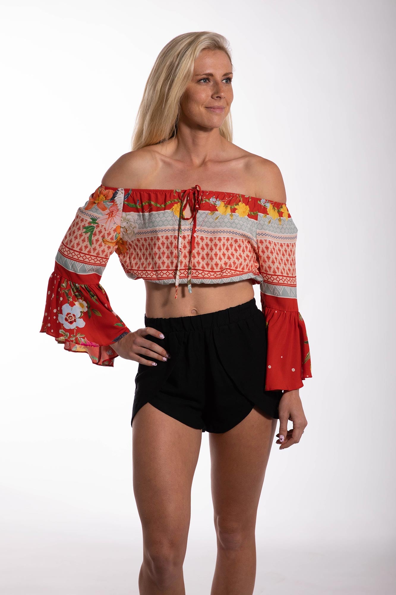 Tropical Strapless Bell Sleeve Crop Top