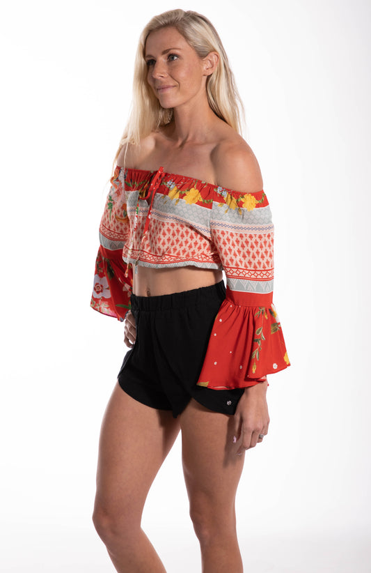 Tropical Strapless Bell Sleeve Crop Top